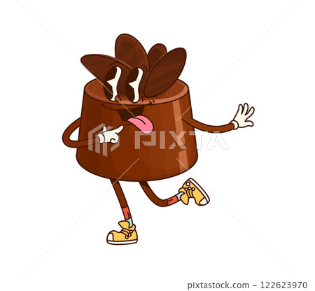 Groovy chocolate candy funny cartoon character with tongue out, vector silly emoji. Funky confection or groovy chocolate candy with crazy face and freaky smile for sweet dessert cartoon character 122623970