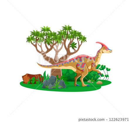 Cartoon parasaurolophus dinosaur character. Prehistoric reptile funny cute vector personage, Jurassic era animal or extinct lizard comic mascot. Paleontology dinosaur happy character in forest Cartoon parasaurolophus dinosaur character. Prehistoric reptile funny cute vector personage, Jurassic era animal or extinct lizard comic mascot. Paleontology dinosaur happy character in forest 122623971
