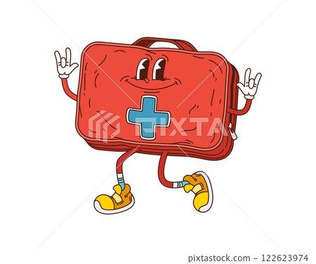 Cartoon first aid kit groovy medicine and health character with playful eyes and retro sneakers, exuding positivity and readiness. Vector red case medical care personage support, and healthy vibe Cartoon first aid kit groovy medicine and health character with playful eyes and retro sneakers, exuding positivity and readiness. Vector red case medical care personage support, and healthy vibe 122623974