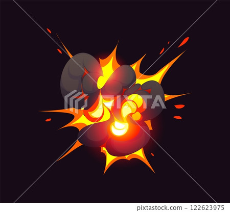Bomb explosion effect of blast boom cloud of fire and smoke, vector comic cartoon. Bomb explode with fire flash spark and cloud of smoke from explosives and TNT dynamite explosion with boom burst 122623975