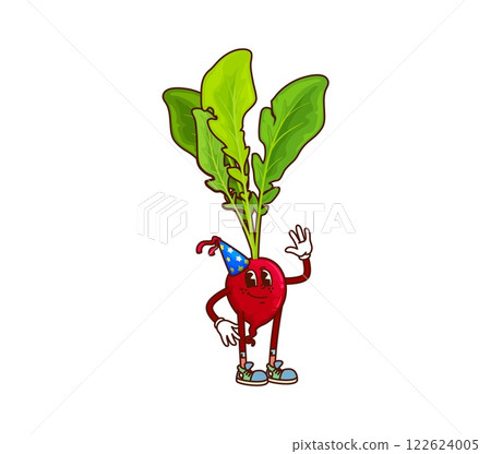 Groovy cartoon radish vegetable character on holiday party. Kids birthday cute veggie isolated groovy vector mascot, child party celebrating ripe red radish vegetable funny personage wearing cone hat 122624005