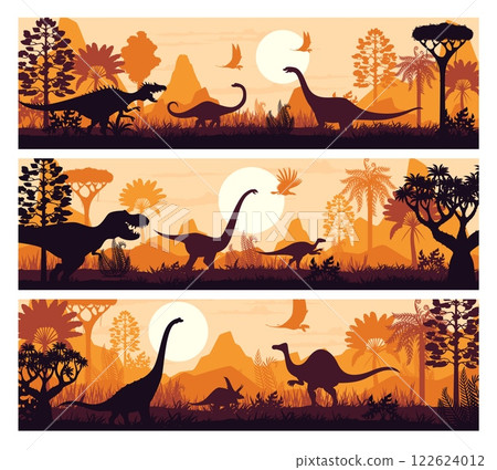 Prehistoric era banners with dinosaurs silhouettes in Jurassic jungle forest, vector backgrounds. Prehistoric dino park or paleontology museum banners with giant lizards, reptiles and T Rex dinosaur Prehistoric era banners with dinosaurs silhouettes in Jurassic jungle forest, vector backgrounds. Prehistoric dino park or paleontology museum banners with giant lizards, reptiles and T Rex dinosaur 122624012