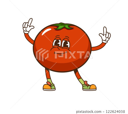 Groovy tomato vegetable cartoon character with funny face, vector emoji. Groovy tomato with happy smile and funky cool fingers gesture for vegetable emoticon or veggie retro cartoon character 122624038