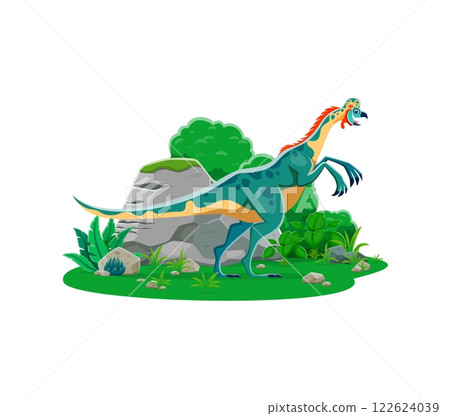Cartoon oviraptor dinosaur character. Paleontology dinosaur funny comic isolated vector character, extinct lizard or prehistoric animal cute mascot. Jurassic era reptile personage near rock and bushes 122624039