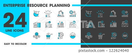 ERP line icons. Enterprise Resource Planning software system vector outline symbols of manufacturing, supply planning, sales and marketing, distribution, accounting, logistics and warehouse management 122624040