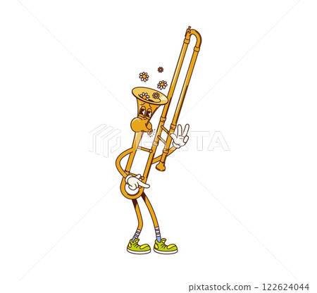 Cartoon groovy trombone musical instrument character whistling a melody with happy carefree face and daisy flower flying out its head. Isolated vector brass pipe or horn personage playing retro music Cartoon groovy trombone musical instrument character whistling a melody with happy carefree face and daisy flower flying out its head. Isolated vector brass pipe or horn personage playing retro music 122624044