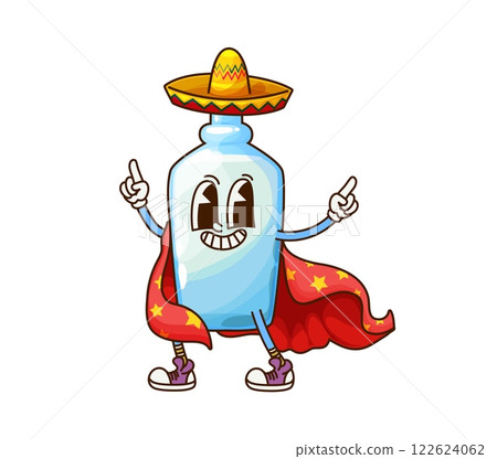 Cartoon groovy Halloween tequila character wizard, vector Mexican Tex Mex drink. Groovy tequila bottle in sombrero with happy face in wizard sorcerer mantle for Halloween holiday cartoon character 122624062
