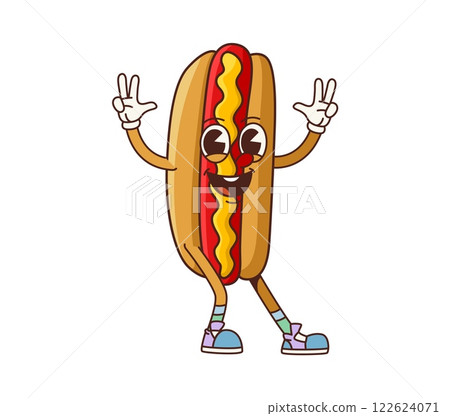 Groovy fast food hot dog retro cartoon character with happy smile, vector emoji. Groovy hotdog sandwich with sausage and funny face, ketchup and mustard sauce for fast food cartoon menu character 122624071