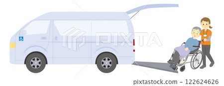 A cartoon of a caregiver pushing a welfare vehicle and a user's wheelchair _ an elderly man and a female staff member A cartoon of a caregiver pushing a welfare vehicle and a user's wheelchair _ an elderly man and a female staff member 122624626