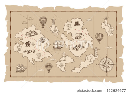 sketch of an old pirate treasure map. Hand-drawn illustrations 122624677