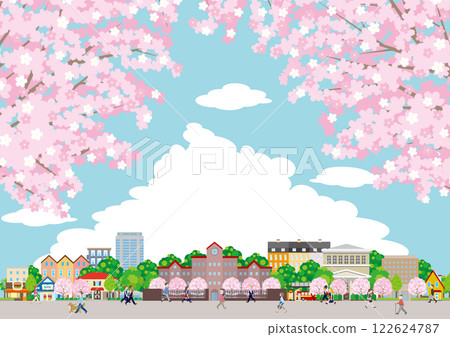 春天城市景觀的插圖,櫻花盛開的人們在城鎮散步的插圖。 春天城市景觀的插圖,櫻花盛開的人們在城鎮散步的插圖。 122624787