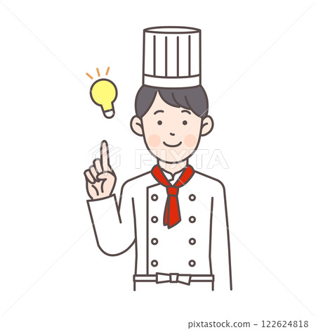 一位男廚師一邊指著一邊想出了一個主意 122624818