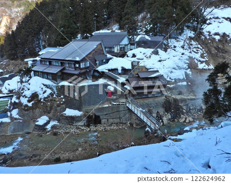 A bird's-eye view of Jigokudani Onsen Korakukan from the road to Jigokudani Monkey Park 122624962