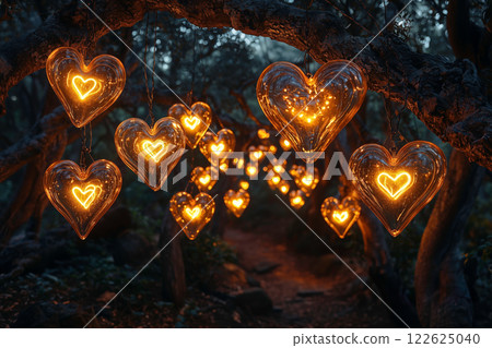 Heart-shaped glass lamp floating in the forest 122625040