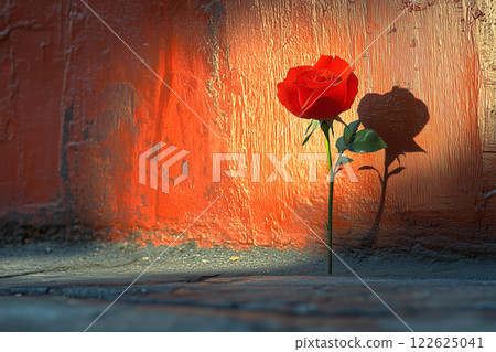 A single red rose blooming on the wall 122625041