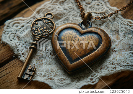 Antique heart-shaped locket and vintage keys 122625043