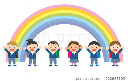 不同種族的孩子背著書包和彩虹 不同種族的孩子背著書包和彩虹 122625105