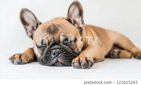 A Bulldog puppy lying down on a white background A Bulldog puppy lying down on a white background 122625243