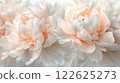 A close-up view of a bouquet of pale pink and creamy white peonies, the delicate folds of the petals illuminated by soft, natural lighting. 122625273