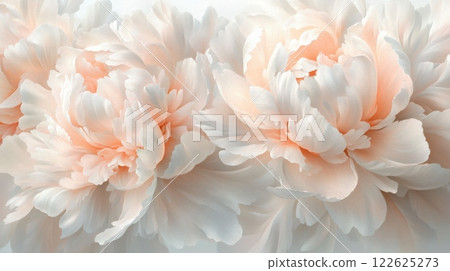 A close-up view of a bouquet of pale pink and creamy white peonies, the delicate folds of the petals illuminated by soft, natural lighting. 122625273