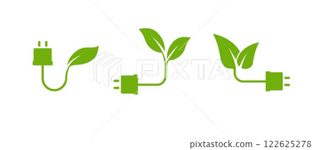 Green house icon with a leaf and plug for renewable energy themes. 122625278