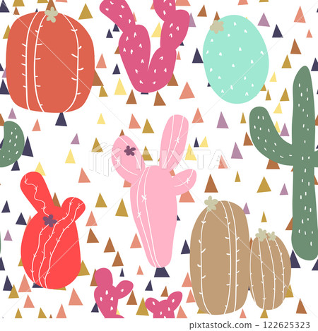 Seamless pattern with cactus with thorns, succulent on color background. Vector drawing illustration for icon, game, packaging, fabric, textile. Wild west, western, cowboy concept Seamless pattern with cactus with thorns, succulent on color background. Vector drawing illustration for icon, game, packaging, fabric, textile. Wild west, western, cowboy concept 122625323