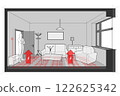 Diagram of a room heated with electric floor heating and furniture   122625342