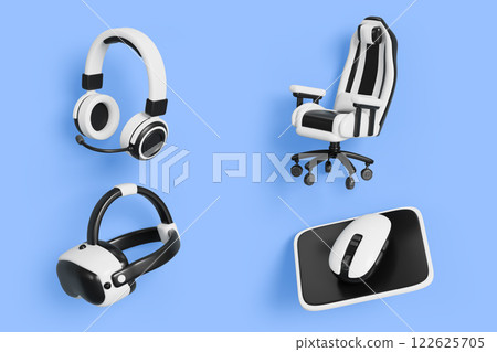 Video game gadgets cartoon 3d render icon set. Virtual reality headset vr glasses, gaming chair, headphones with microphone, computer mouse mat. Isolated electronic devices, furniture. 3D illustration Video game gadgets cartoon 3d render icon set. Virtual reality headset vr glasses, gaming chair, headphones with microphone, computer mouse mat. Isolated electronic devices, furniture. 3D illustration 122625705