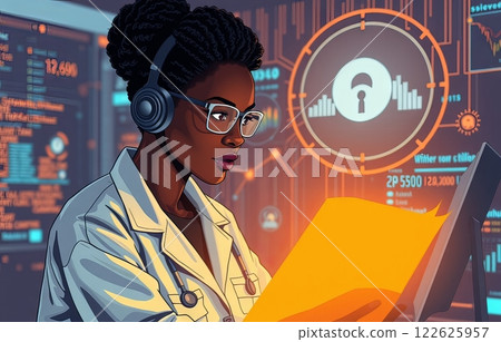 Woman works at a computer in the data center. 122625957
