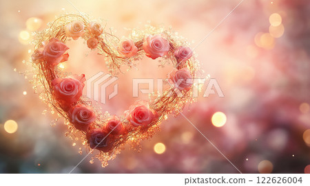 A heart-shaped floral wreath adorned with delicate pink roses and golden fairy lights, glowing warmly in a dreamy setting. A heart-shaped floral wreath adorned with delicate pink roses and golden fairy lights, glowing warmly in a dreamy setting. 122626004