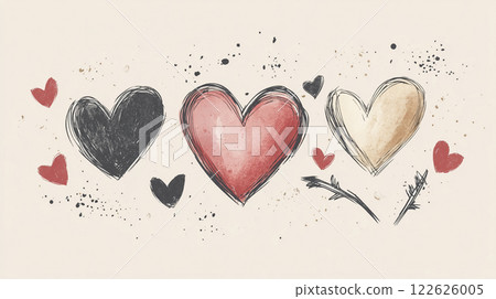 A set of hand-drawn sketch-style hearts in black, red, and gold with an artistic, vintage, and romantic aesthetic. 122626005