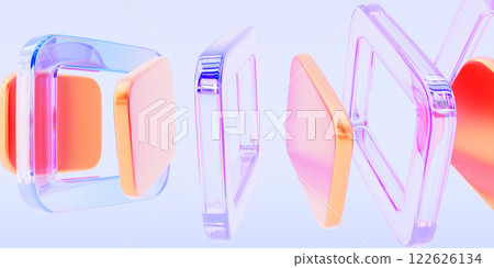 3d colorful background with glass holographic transparent square frames and plastic orange plates render. Abstract geometric shapes with rainbow color gradient, dispersion light. 3D illustration 122626134