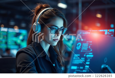 Woman in a business suit works at a computer in the data center. 122626165
