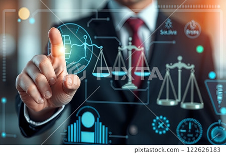 A hand touching the digital scales icon on the virtual screen in the business concept. 122626183