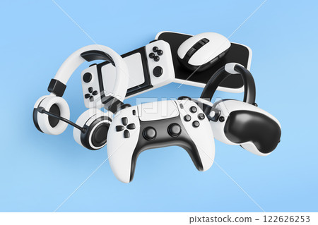 Video game 3d blue background with flying joystick, virtual reality headset, headphones, portable console and computer mouse. Realistic electronic gamer devices render web banner. 3D illustration Video game 3d blue background with flying joystick, virtual reality headset, headphones, portable console and computer mouse. Realistic electronic gamer devices render web banner. 3D illustration 122626253