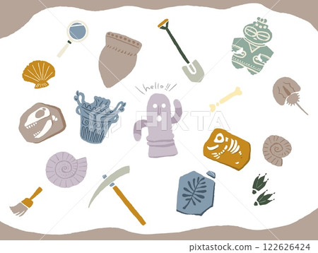 Illustrations of clay figures and archaeological excavations 122626424