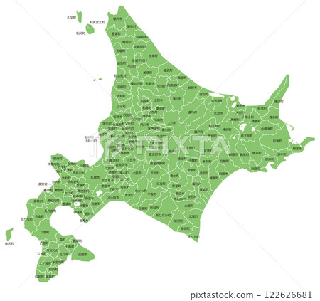 帶有城市和城鎮名稱的可分割北海道地圖 122626681