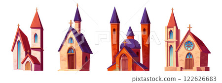 Church building cartoon set of Catholic chapels 122626683