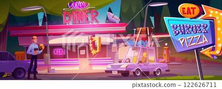 Diner exterior with cartoon eating man outside 122626711