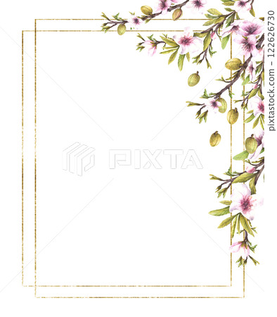 Almond tree branch with green nuts, leaves and flowers Floral gold framed banner. Watercolor painted illustration. Floral spring template for greeting card, product cosmetic label. Isolated background 122626730