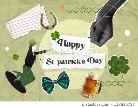 Happy St. Patrick Day themed collage featuring festive elements like beer, hats, and clovers. Happy St. Patrick Day themed collage featuring festive elements like beer, hats, and clovers. 122626797