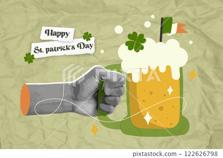Happy St. Patrick Day celebration with a raised glass of beer and festive elements Happy St. Patrick Day celebration with a raised glass of beer and festive elements 122626798