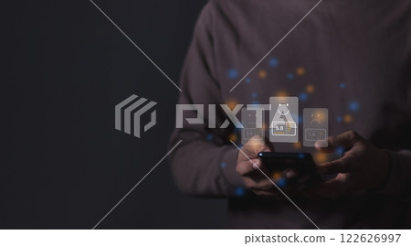 Young Man hand holding Smart Phone with five star to review and give 5 stars Young Man hand holding Smart Phone with five star to review and give 5 stars 122626997