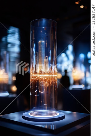 Party radiates futuristic charm in rooftop venue with glowing transparent walls. Futuristic cityscape enhances urban sophistication and unique party experience. Midnight hues, shimmering lights  122627147