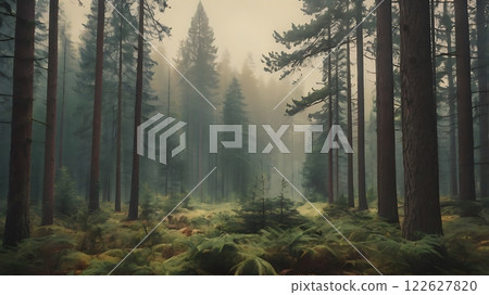 A tranquil misty forest with towering trees and lush ferns, exuding peace and mystery A tranquil misty forest with towering trees and lush ferns, exuding peace and mystery 122627820
