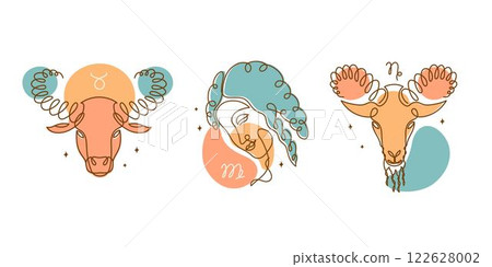 Taurus, virgo, capricorn, earth element zodiac signs. Horoscope mystical symbols. Line art. 122628002