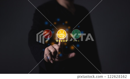Happy Customer, Young Man hand touching emoji five star to review and give 5 stars  122628162