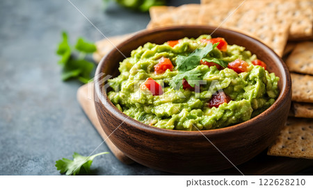 Bowl of fresh guacamole with a side of whole grain Bowl of fresh guacamole with a side of whole grain 122628210