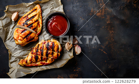 Grilled food, Grilled chicken breast slices served with a smoky barbecue 122628279
