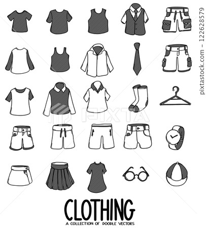 Clothing Related Doodle vector icon set. Drawing sketch illustration hand drawn line eps10 Clothing Related Doodle vector icon set. Drawing sketch illustration hand drawn line eps10 122628579